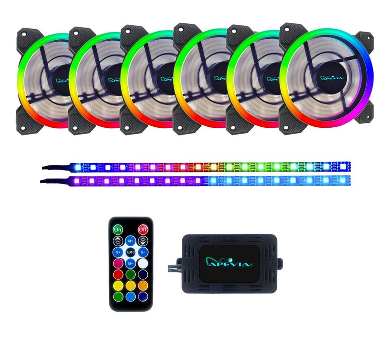 Apevia ST6P2-RGB Spectra 120mm Silent Dual Ring RGB Color Changing LED Fan with Remote Control, 16x LEDs & 8X Anti-Vibration Rubber Pads w/ 2 Magnetic LED Strips (6+2-pk) - Image 1